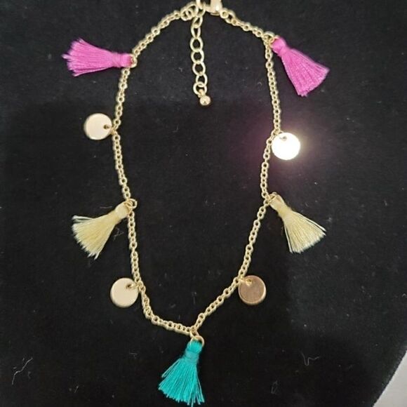 Macy's Gold Chain Pink Teal Yellow Tassel Anklet - Picture 3 of 3